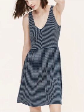 LOFT Navy & White Striped V-Neck Cross Back Dress - Size M